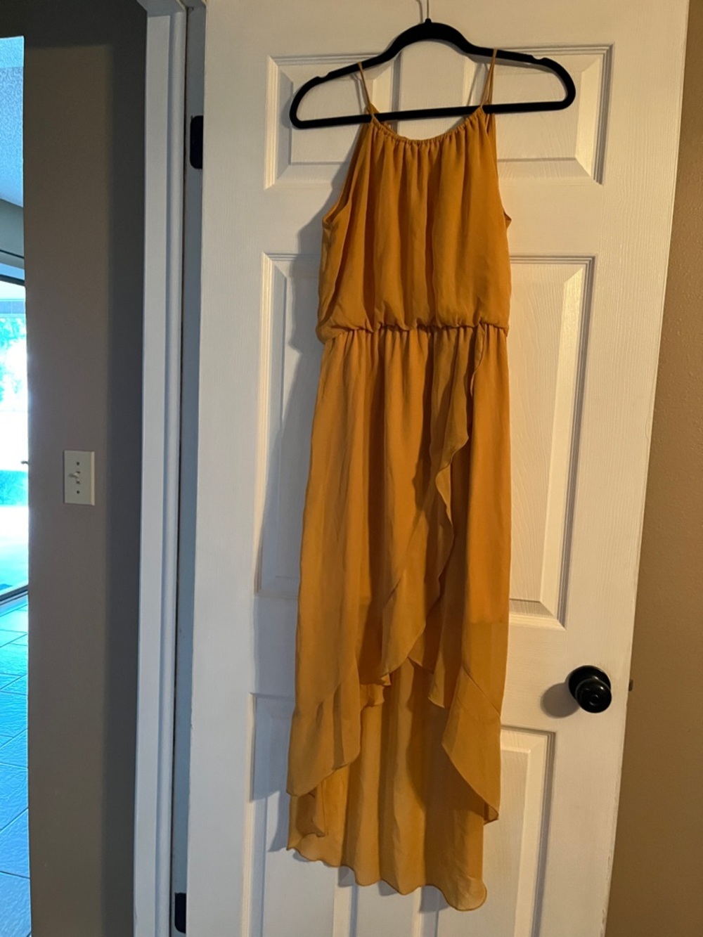 Sweet Storm Mustard Yellow Spaghetti-Strap Ruffle High-Low Dress